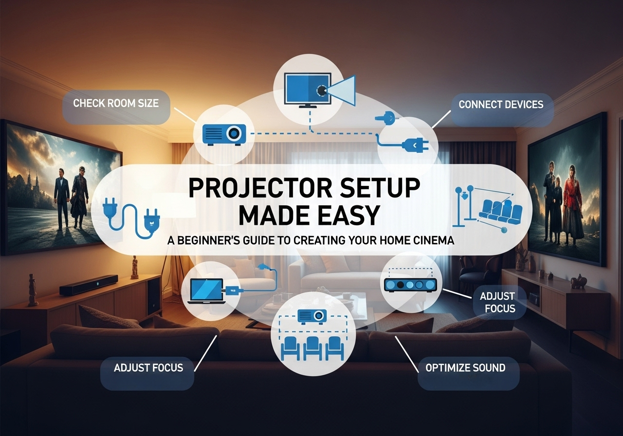 A feature image for a beginner's guide to home projector setup, showing essential steps like connecting devices and adjusting focus in a living room