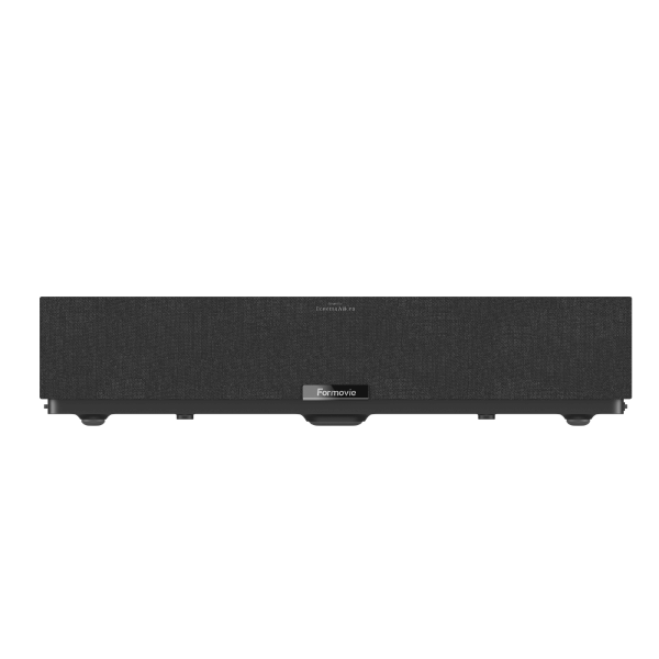 A sleek black soundbar is elegantly labeled FORMOVIE on a white background, complementing the minimalist design of the Formovie Theater 4K UHD UST Laser Projector with its smooth front surface and subtle branding, resembling sophisticated Formovie Theater aesthetics.