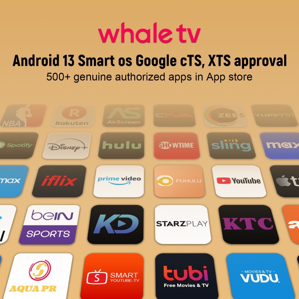 A promotional graphic for The Projection Rooms Cloud Projector Full HD With ChatGPT & Official Netflix shows Android 13 Smart OS with Google cTS/XTS, 4K support, 500+ authorized apps, and icons for NBA, Hulu, Prime Video, YouTube on a vibrant gradient backdrop.