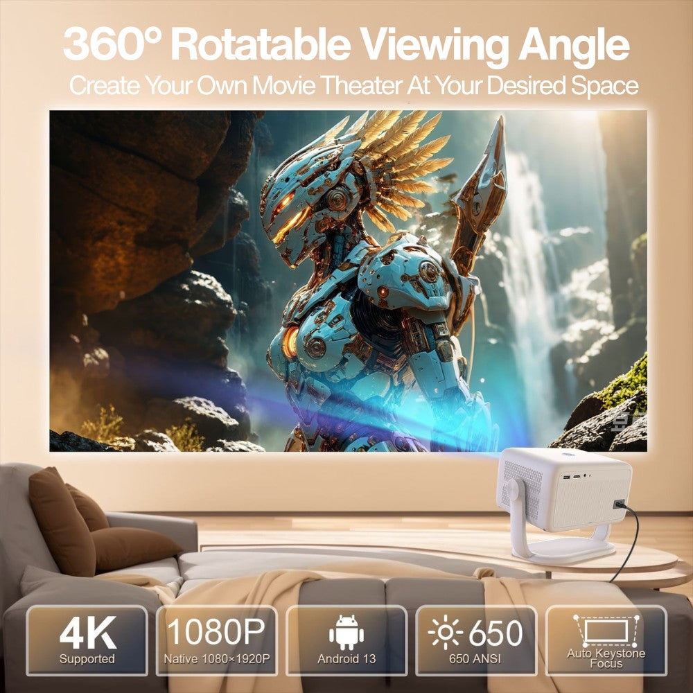 The Projection Rooms Cloud Projector Full HD With ChatGPT & Official Netflix displays a vivid armored robot outdoors, featuring 360° rotation, Android 13, 1080P resolution, Full HD 4K support, and 650 ANSI brightness.
