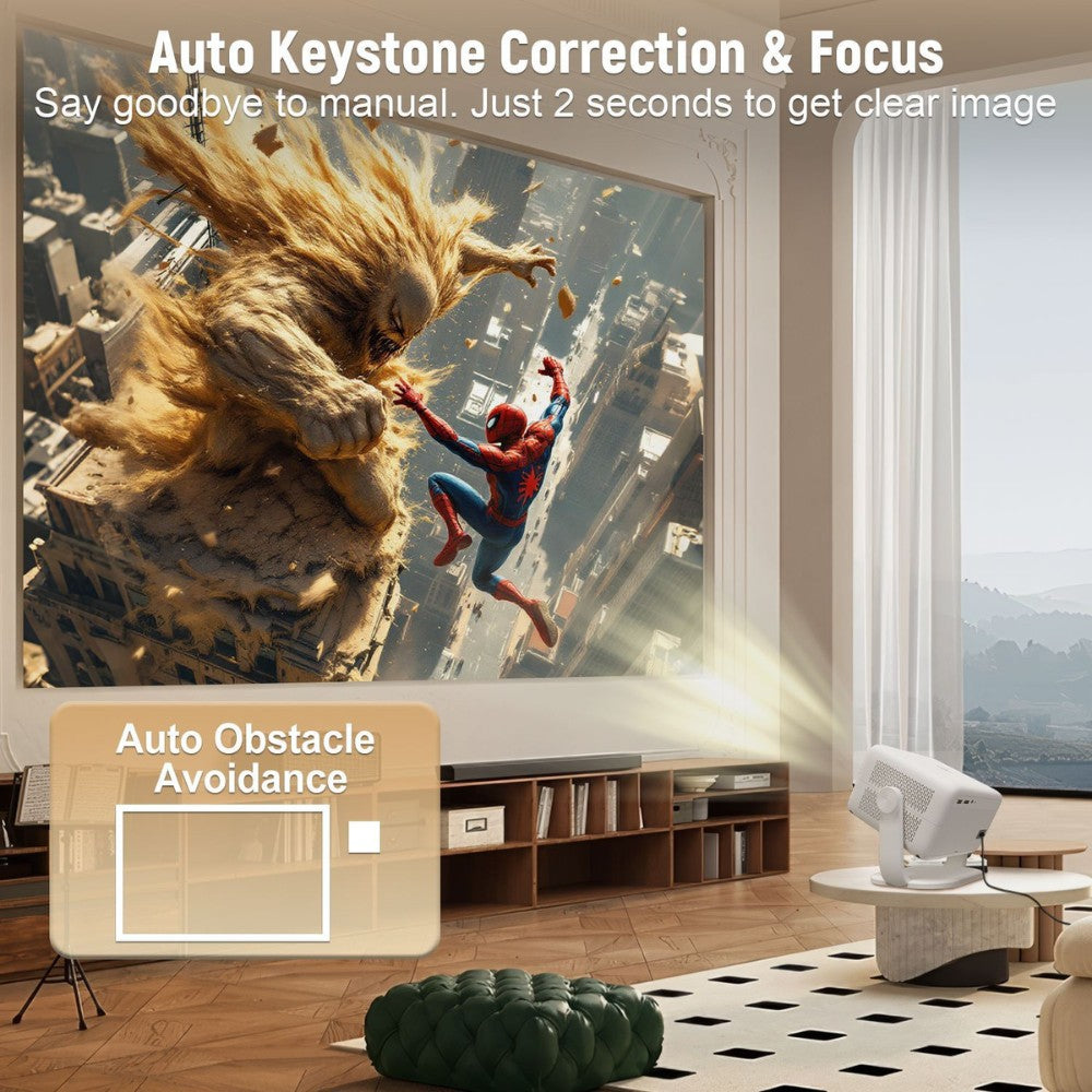 The Projection Room’s Cloud Projector Full HD With ChatGPT & Official Netflix casts Spider-Man vs. a monster in Full HD 4K support. On-screen text spotlights auto keystone correction, focus, and obstacle avoidance in a stylish modern room.