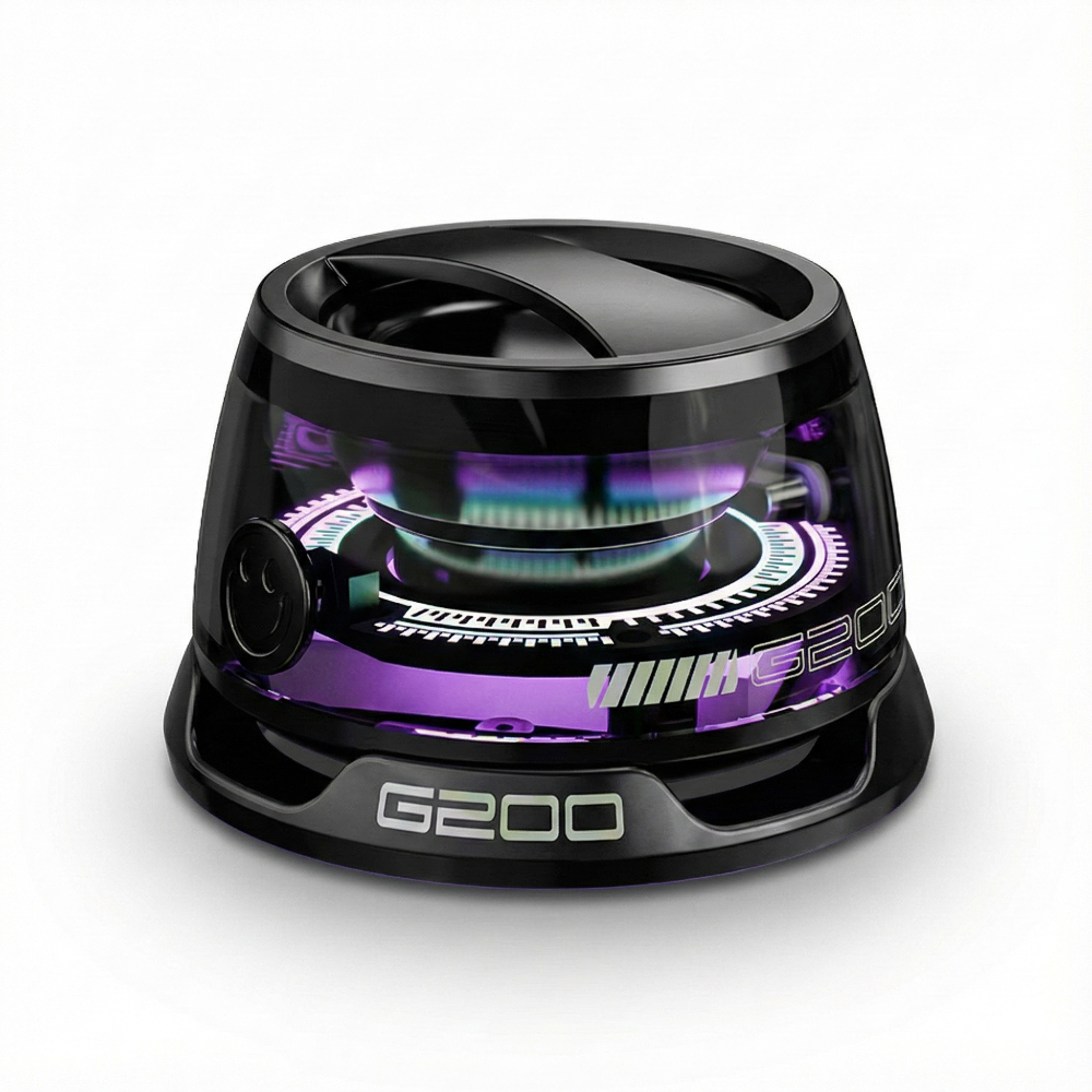 Black and purple electronic speaker with 'G200' branding on a white background