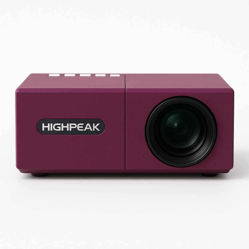 A maroon rectangular HD Mini Projector Pro by The Projection Room, shown front-facing with the lens on the right and control buttons on the top left, offers universal device compatibility against a plain white background.