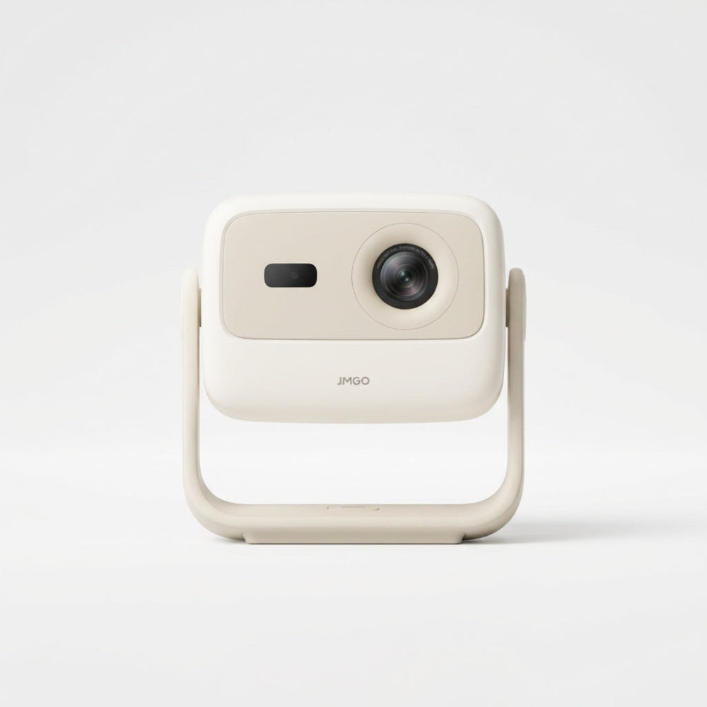 A front view of the JMGO N1S Nano projector by JMGO, featuring a compact beige and white design with a round lens on the right, rectangular sensor on the left, and a U-shaped stand—ideal for immersive Big Screen entertainment.