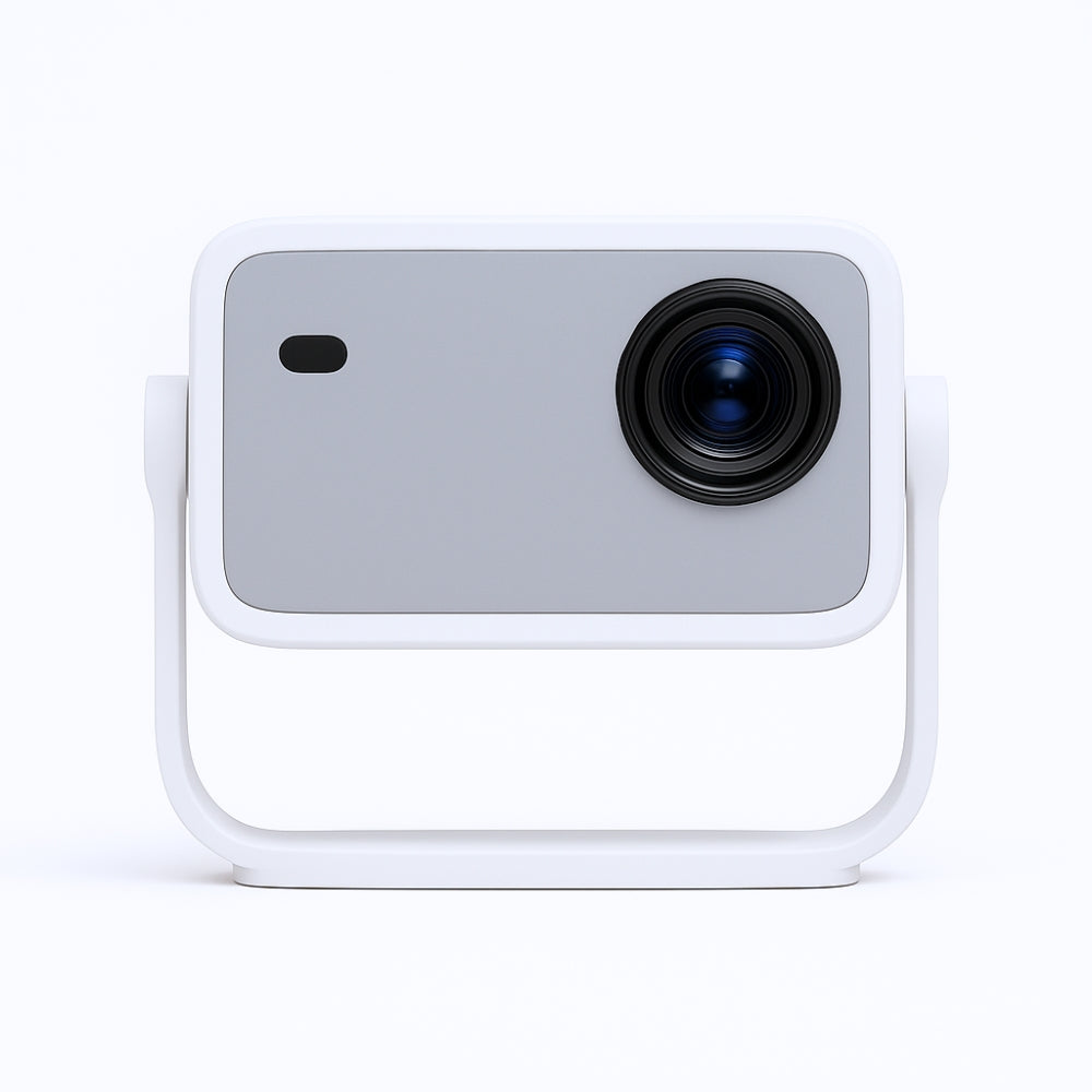 The Cloud Projector Full HD With ChatGPT & Official Netflix by The Projection Room is a compact, modern white and gray projector with a prominent lens, shown on a minimalist white stand against a plain background.