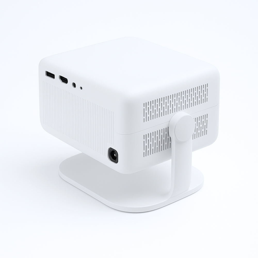 The Cloud Projector Full HD With ChatGPT & Official Netflix by The Projection Room is a compact, white, square projector on a matching stand with vented sides and rear ports—now with 4K support for ultra-clear visuals.