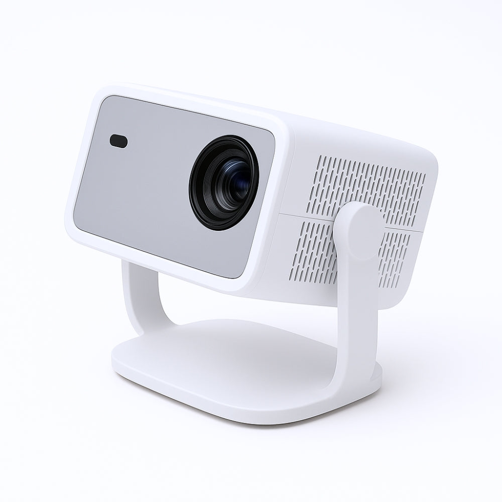 The Projection Room’s Cloud Projector Full HD with ChatGPT & Official Netflix is a compact white and gray projector on a matching stand, front lens visible, supporting 4K, displayed against a plain white background.