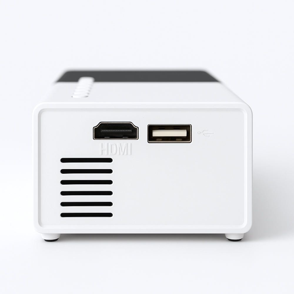 A close-up of The Projection Rooms Mini Portable Projector shows its HDMI port, USB port, and ventilation slots on the back panel, all set against a plain light background.