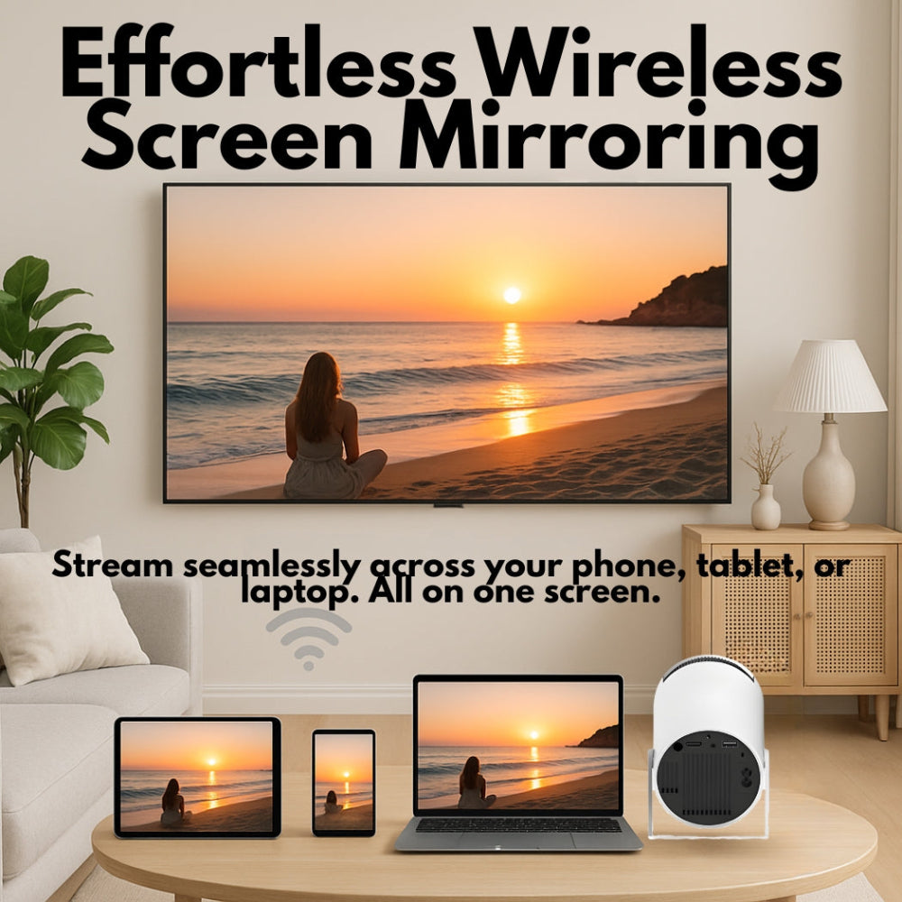 A living room with The Spotlight Projector by The Projection Room displaying a sunset beach scene, mirrored on a phone, tablet, and laptop. Effortless wireless screen mirroring and portable entertainment—stream seamlessly on all devices.