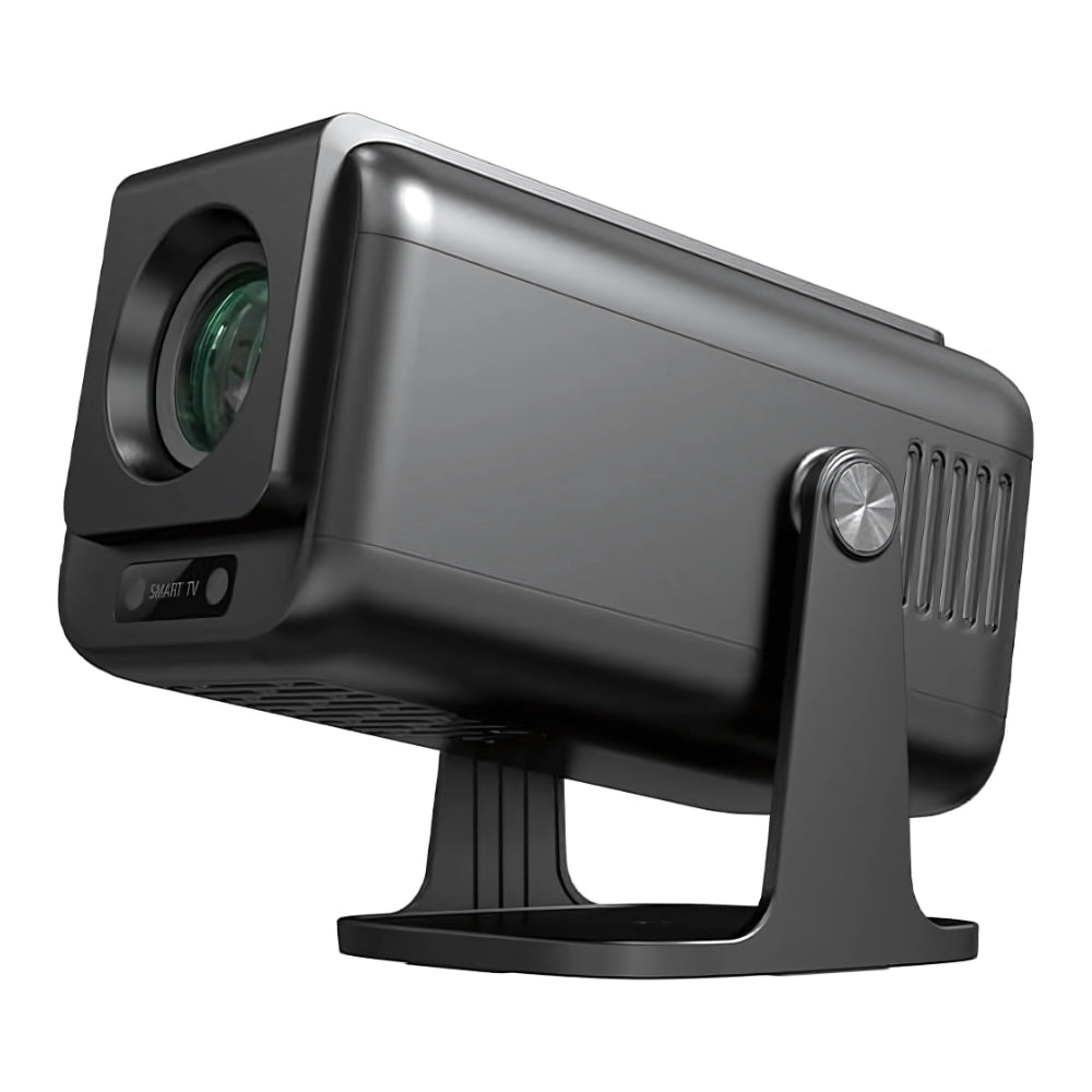 The Projection Room’s Spotlight Projector Pro MAX Full HD Home Theatre Projector features a bold lens and sturdy, adjustable stand—sleek and modern in black, shown from the side and front—ideal for your home cinema setup.