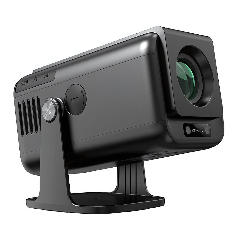 The Projection Rooms Spotlight Projector Pro MAX Full HD Home Theatre Projector is a sleek black portable device with a sturdy, angled stand, visible lens, and side buttons, offering stunning visuals in FULL HD.
