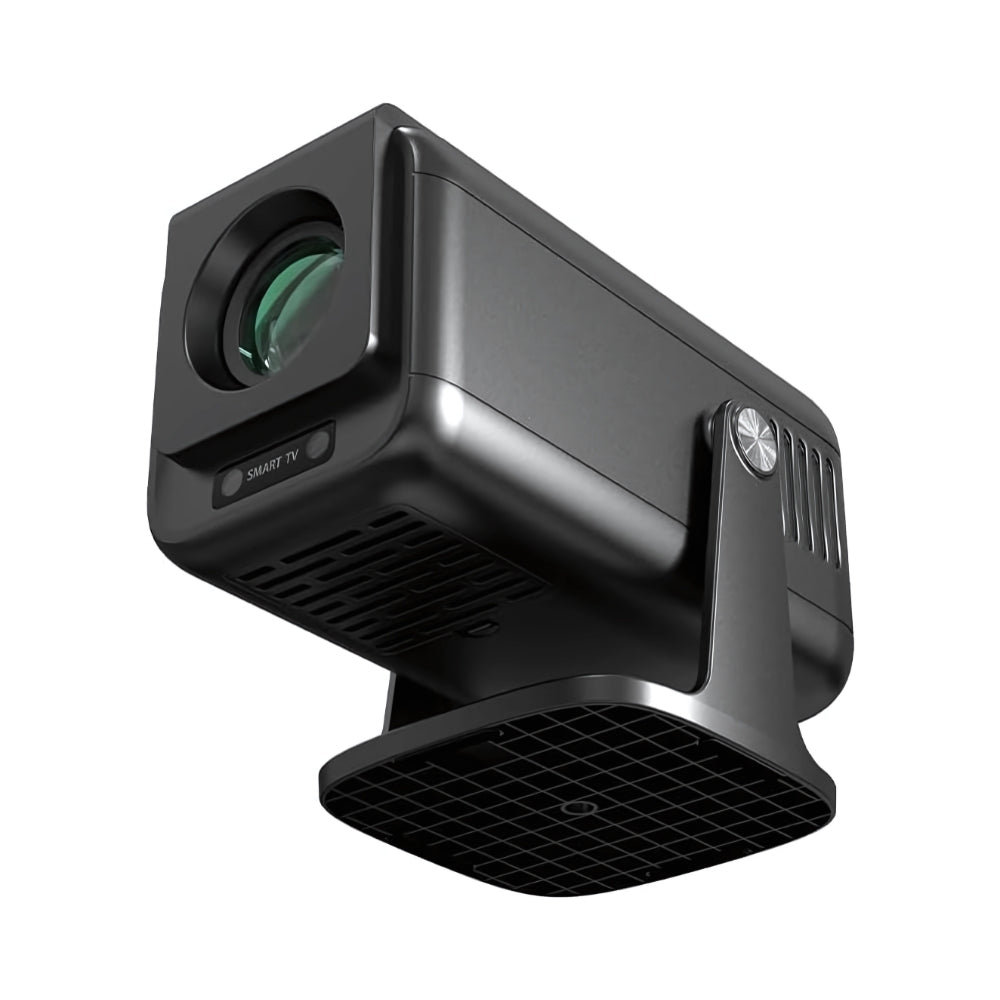 The Projection Room’s Spotlight Projector Pro MAX is a modern black Full HD home theatre projector with a prominent lens, mounted on a grid-patterned stand and displayed on a white background for immersive viewing.