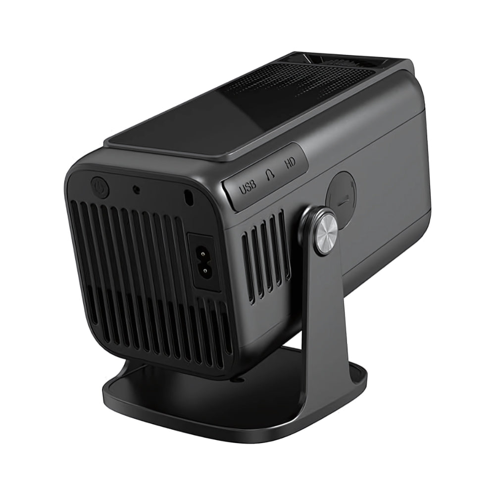 The Projection Room’s Spotlight Projector Pro MAX Full HD Home Theatre Projector is a compact black model with a vented front, control buttons, labeled USB/HDMI ports on top, and sits on an adjustable stand for easy positioning.
