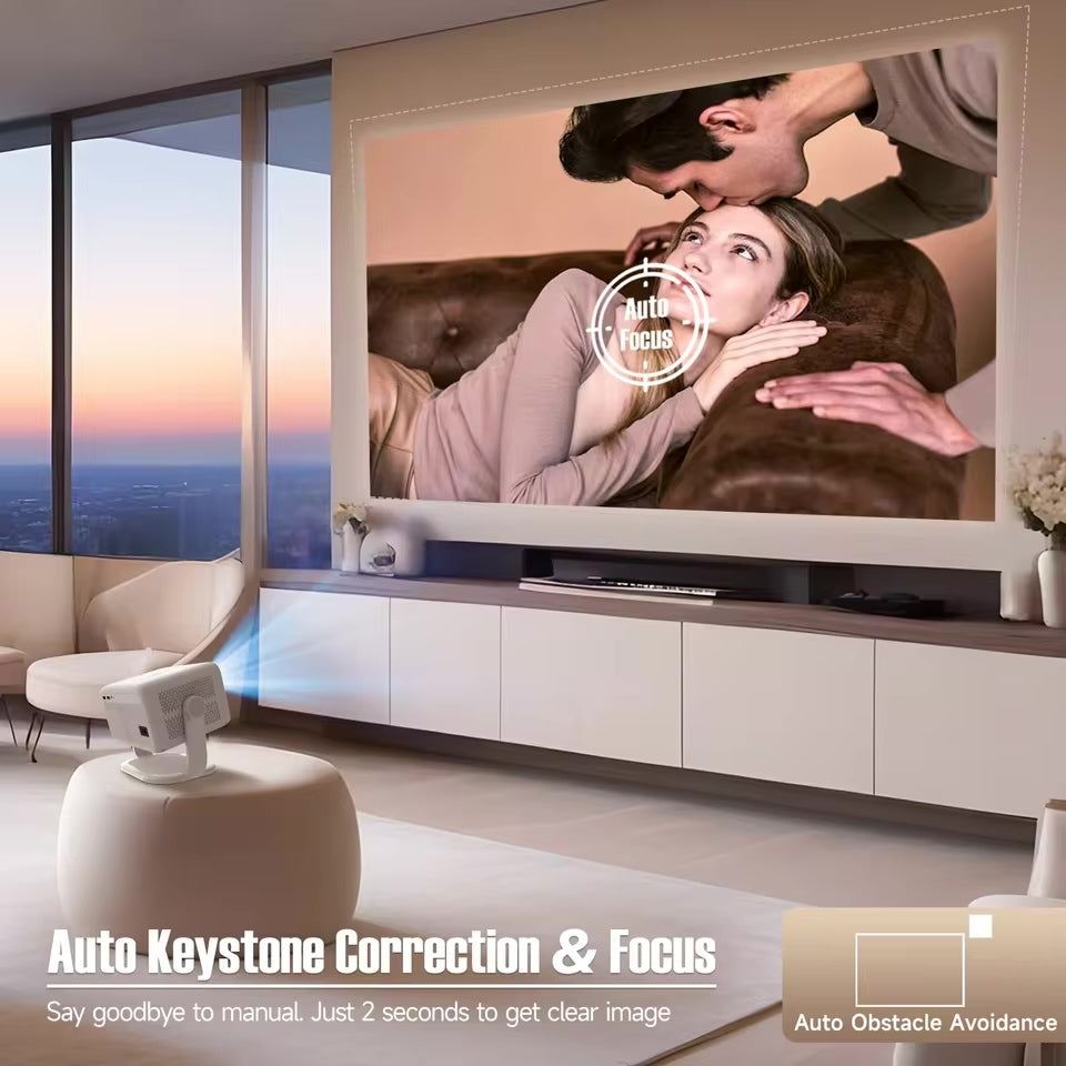 A modern living room showcases The Cloud Projector HD by The Projection Room, displaying a clear movie scene; features include auto keystone correction, 4K support, and Smart Android 13 System for seamless entertainment.