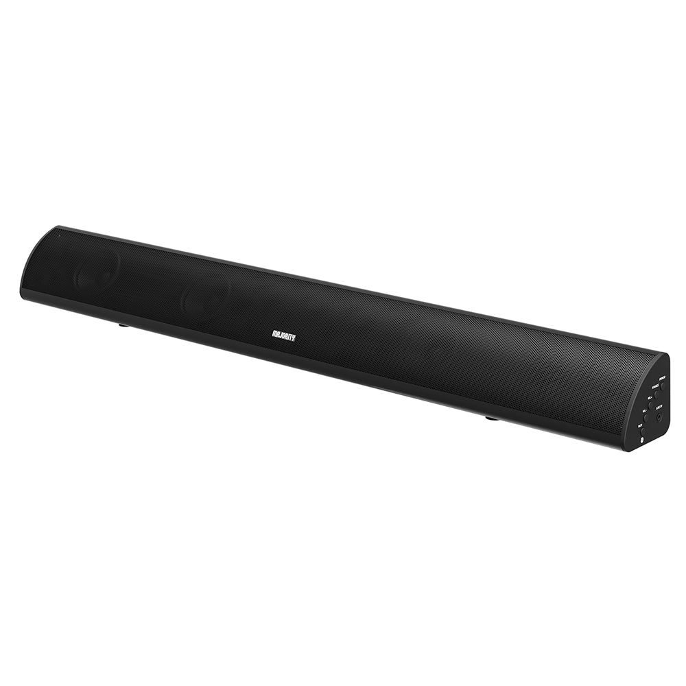 The Majority Snowdon II Soundbar by The Projection Room features a sleek black design with Bluetooth connectivity, a mesh front, rounded edges, and multiple control buttons on the right side. The brand name is elegantly displayed in the center.
