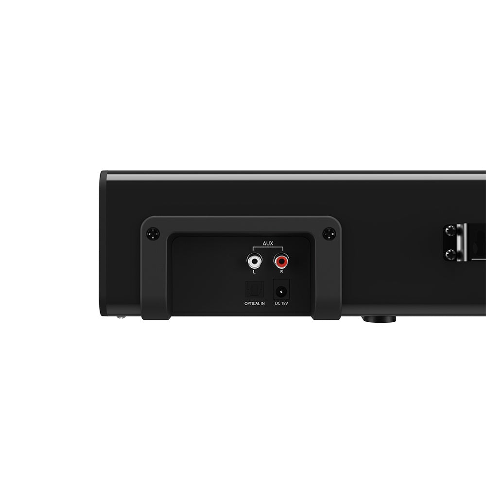 The image depicts the rear view of a black Majority Snowdon II Soundbar by The Projection Room, featuring a panel with an AUX input, optical in port, and red-and-white audio connectors. The panel has a rectangular border with corner screws for secure mounting.