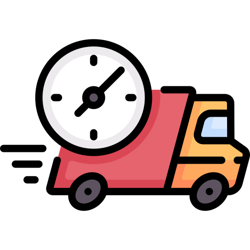 A red delivery truck with motion lines is shown with a large clock above it, symbolizing fast or on-time delivery.