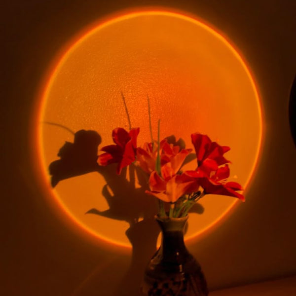 The Projection Rooms Sunset Glow LED Lamp, USB-powered, bathes a vase with vibrant red flowers in a warm orange light, creating a sun-like halo and distinct shadow that adds a cozy and artistic atmosphere to any space with its modern lighting effects.