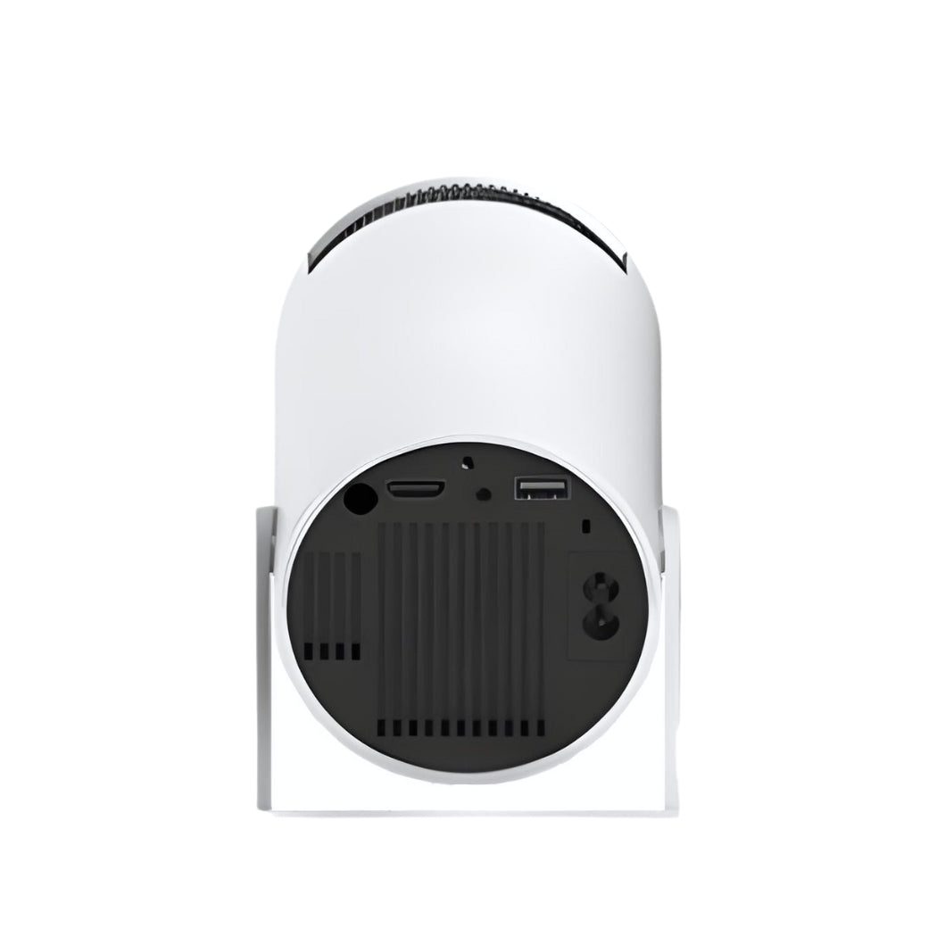 A rear view of The Projection Room’s Spotlight Projector shows HDMI, USB, audio jack, and power input ports on a plain white background—ideal for portable entertainment setups.