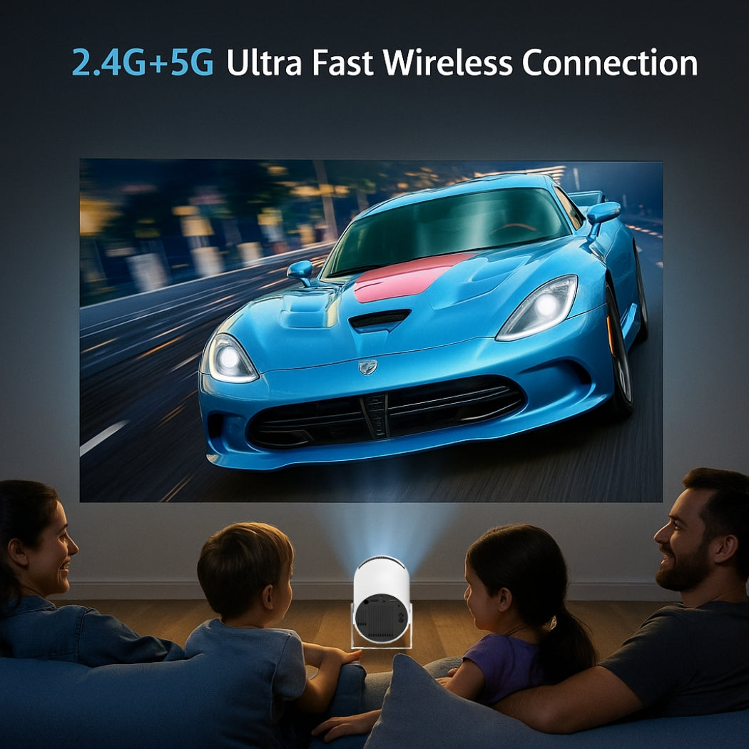 A family of four watches a racing movie with a blue sports car, using The Spotlight Projector by The Projection Room. “2.4G+5G Ultra Fast Wireless Connection” appears above, transforming their living room into portable entertainment.