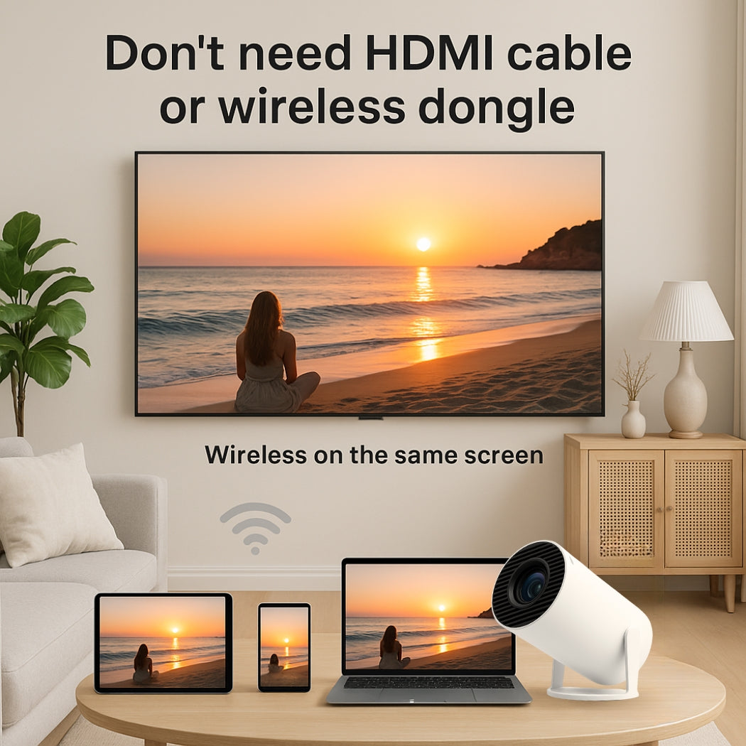 Transform your space with The Projection Room’s Spotlight Projector—wirelessly mirror a sunset beach scene from your TV to laptop, tablet, and smartphone. Enjoy seamless entertainment without HDMI cables or dongles.