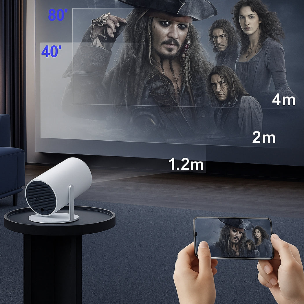 Someone uses The Projection Rooms Spotlight Projector to beam a pirate movie from their smartphone onto a wall, featuring screen sizes of 40” (1.2m) and 80” (4m)—an ideal pick for portable entertainment anywhere.