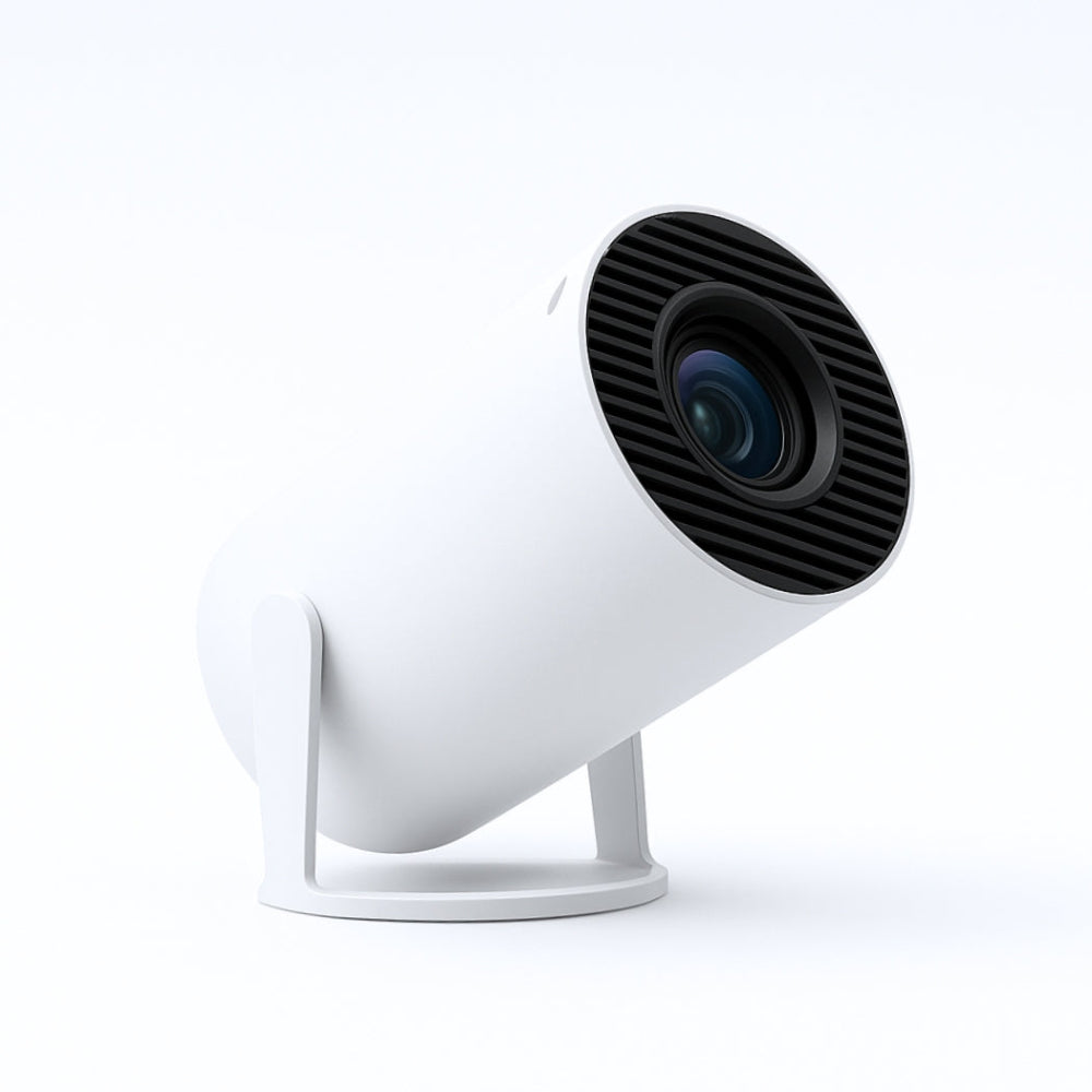 The Spotlight Projector by The Projection Room is a modern white cylindrical spotlight with a black lens, angled upward on a minimalist stand—ideal for portable entertainment in any setting.