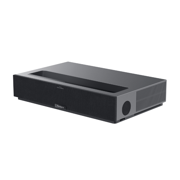 The Formovie Theater 4K UHD UST Laser Projector from FORMOVIE features a sleek, rectangular black design with vented sides, a recessed top for the lens, Laser Cinema on the front, and a side power button.