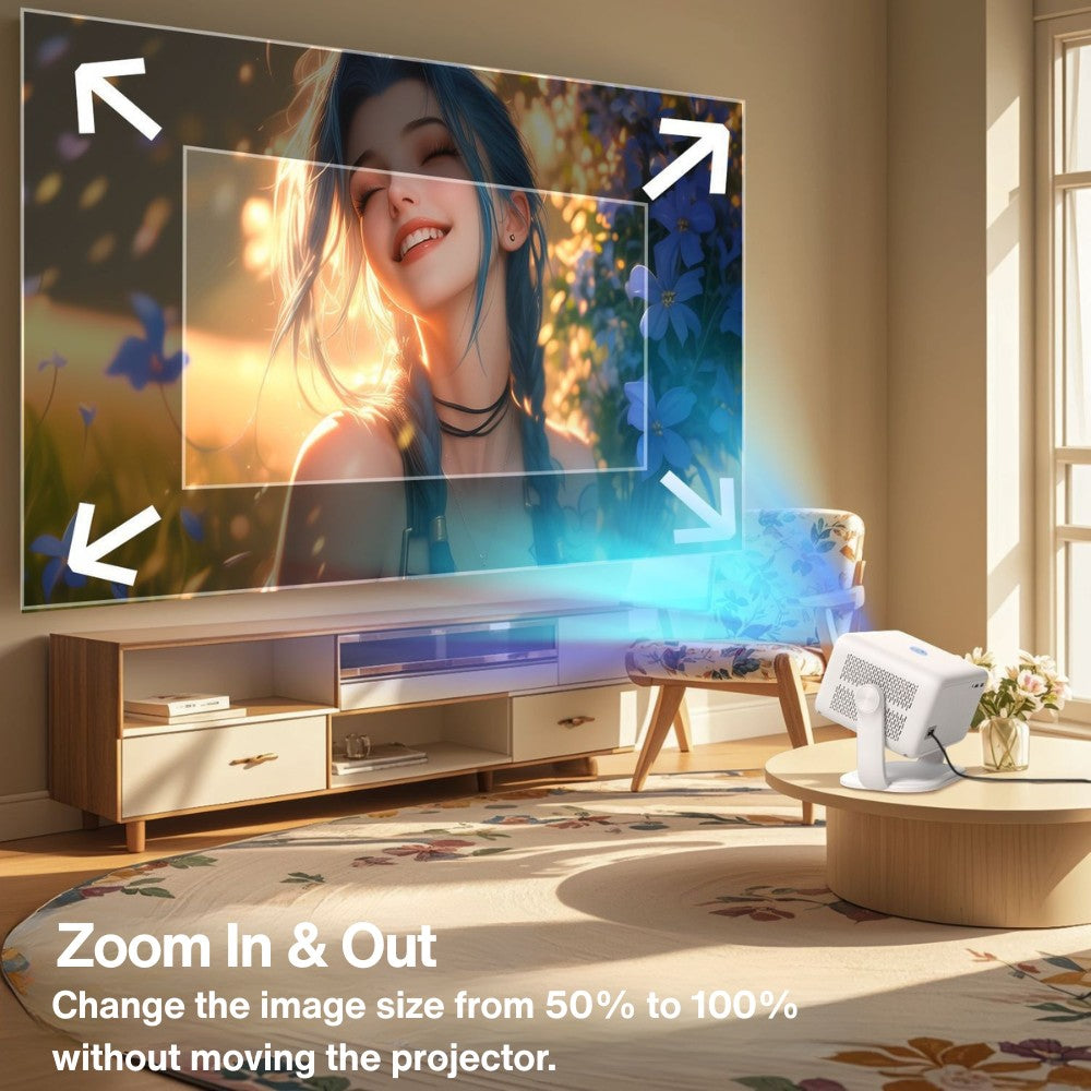 A living room with The Projection Room’s Cloud Projector Full HD With ChatGPT & Official Netflix displays a vibrant image. White arrows show zooming in/out. Text: Zoom In & Out—adjust image size from 50%–100% without moving the projector.