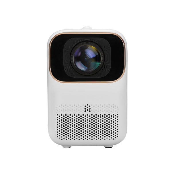 The Formovie Xming Q1 SE Full HD Mini Projector boasts a sleek, rounded white design with a central lens, smooth edges, and a perforated speaker grille below. Its minimalist style makes it a perfect portable solution for any setting.