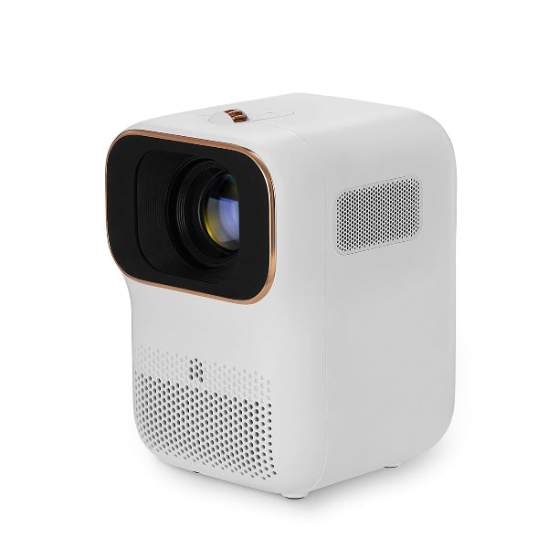 The FORMOVIE Xming Q1 SE is a sleek, white mini projector with a vertical design on a plain background. It features Full HD capabilities, a large lens with a gold rim, and ventilation grilles on the sides and bottom for superior portability.