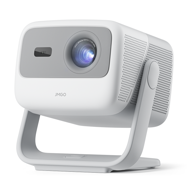 The JMGO N1 Full HD Triple Laser Projector features a sleek white and gray design with a front lens projecting light. Mounted on an angled stand for easy positioning, it includes Android TV 11 for seamless streaming and entertainment.