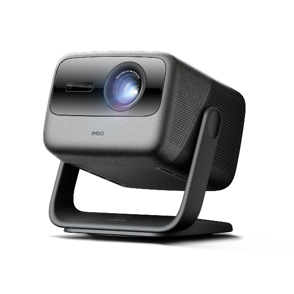 The JMGO N1S ULTRA 4K Projector is a sleek, gray device with modern design, prominent lens, and cutting-edge laser technology. It sits on a U-shaped stand and features the JMGO brand on the front. The surface includes small perforations for ventilation.