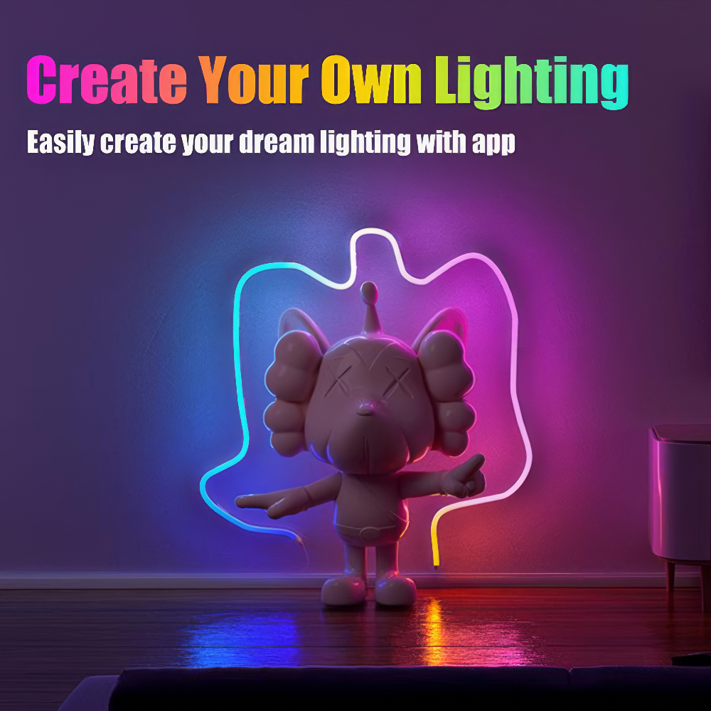 LED Neon Strip Light shaped like a cat with text 'Create Your Own Lighting' on a dark background