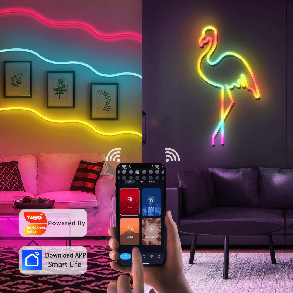 Neon light wall by LED Neon Strip Light Wifi with flamingo design, smartphone app control, and Tuya Smart branding.