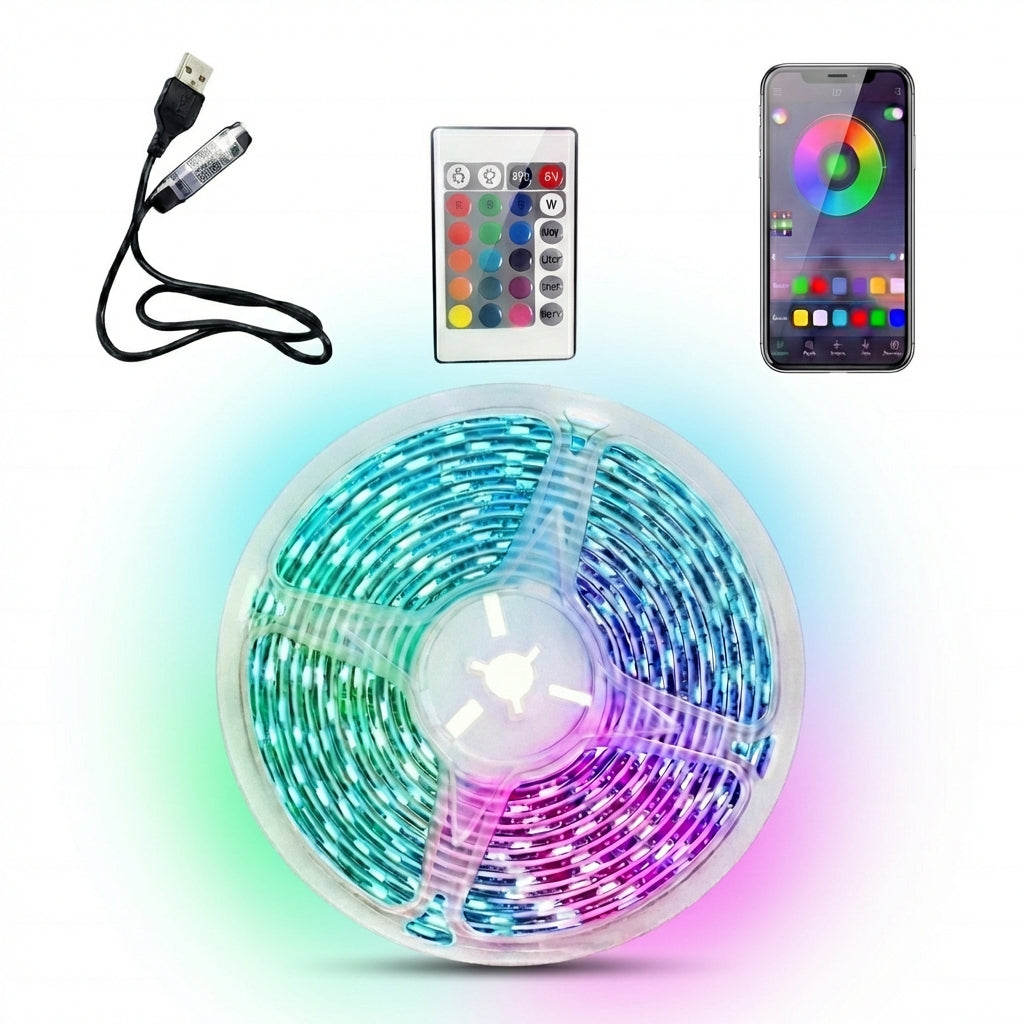 Spool of RGB LED strip light with remote control and smartphone app on a white background
