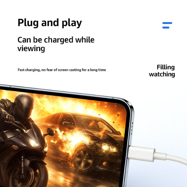 A tablet using The Projection Room’s Lightning To HDMI Cable charges via a white cable while offering 1080p HD viewing. Text on the image: Plug and Play. Enjoy seamless watching and charging at the same time.