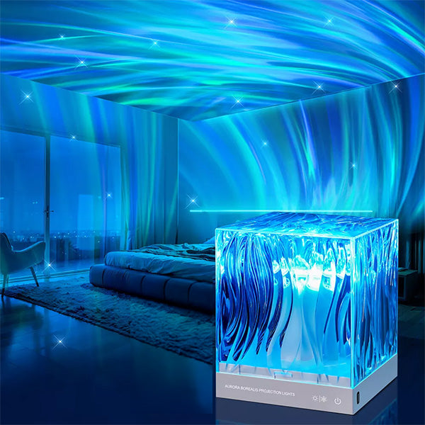 Product photo of an ocean wave lamp illuminating a blue bedroom with its calming, wave-like light effect.