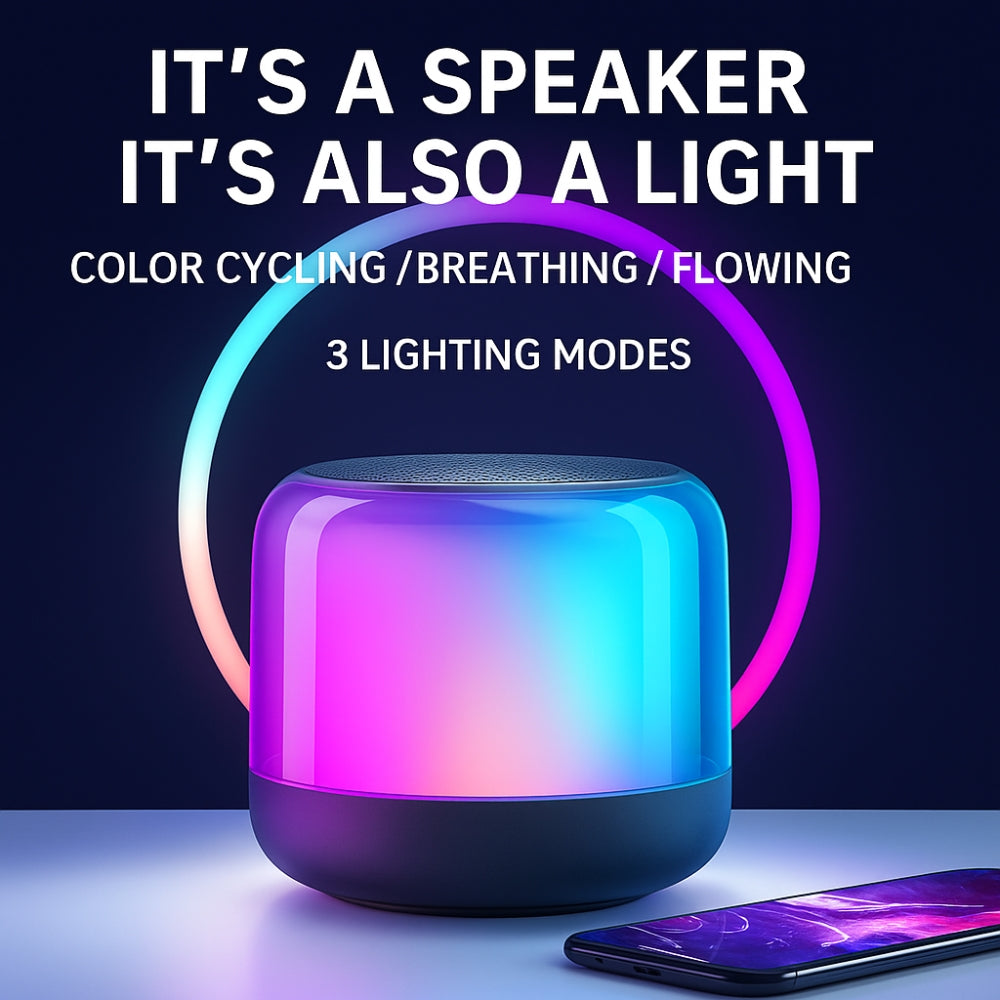 The Projection Room’s GlowPod Mini Speaker delivers 360° sound with bass boost and a vibrant RGB LED ring in blue, pink, and purple. Enjoy three light modes—breathing and flowing—and easy Bluetooth 5.0 pairing for wireless audio anywhere.