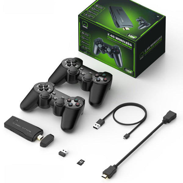 A gaming accessory set includes two black wireless controllers, a USB dongle, a small adapter, a USB cable, and an HDMI cable. Also featured is The Projection Rooms Spotlight Projector Pro + Game Stick Bundle for seamless play.