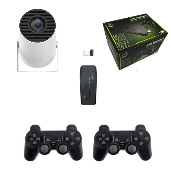 The Spotlight Projector by The Projection Room showcases a circular device, USB dongle, black game stick, and two black 2.4G wireless controllers arranged on a white background—ideal for portable entertainment.