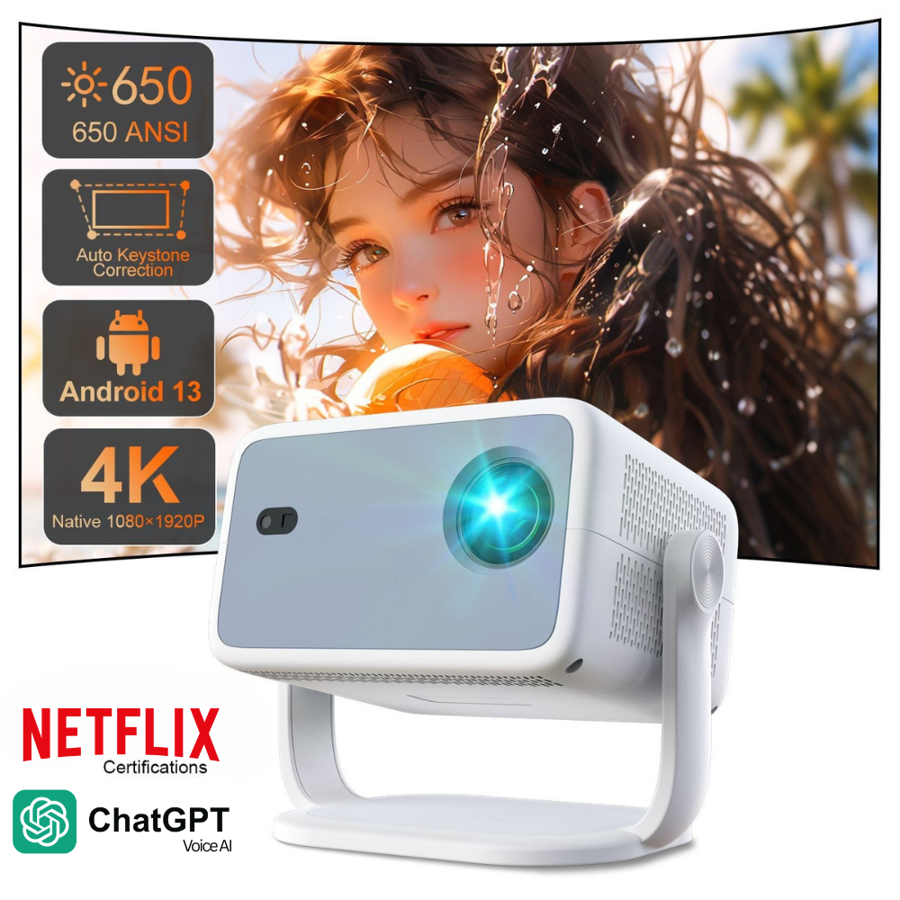The Projection Room’s Cloud Projector Full HD with ChatGPT & Official Netflix displays an anime girl image. Features include 650 ANSI lumens, Smart Android 13, auto keystone, 4K support, Netflix certification, and ChatGPT voice integration.