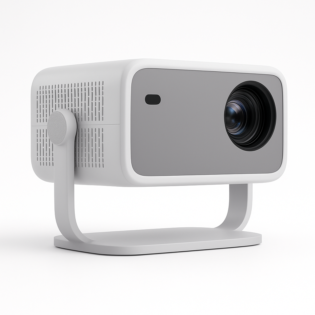 The Projection Rooms Cloud Projector Full HD With ChatGPT & Official Netflix is a modern, compact white and gray projector with front lens on a matching adjustable stand, showcased against a plain white background.
