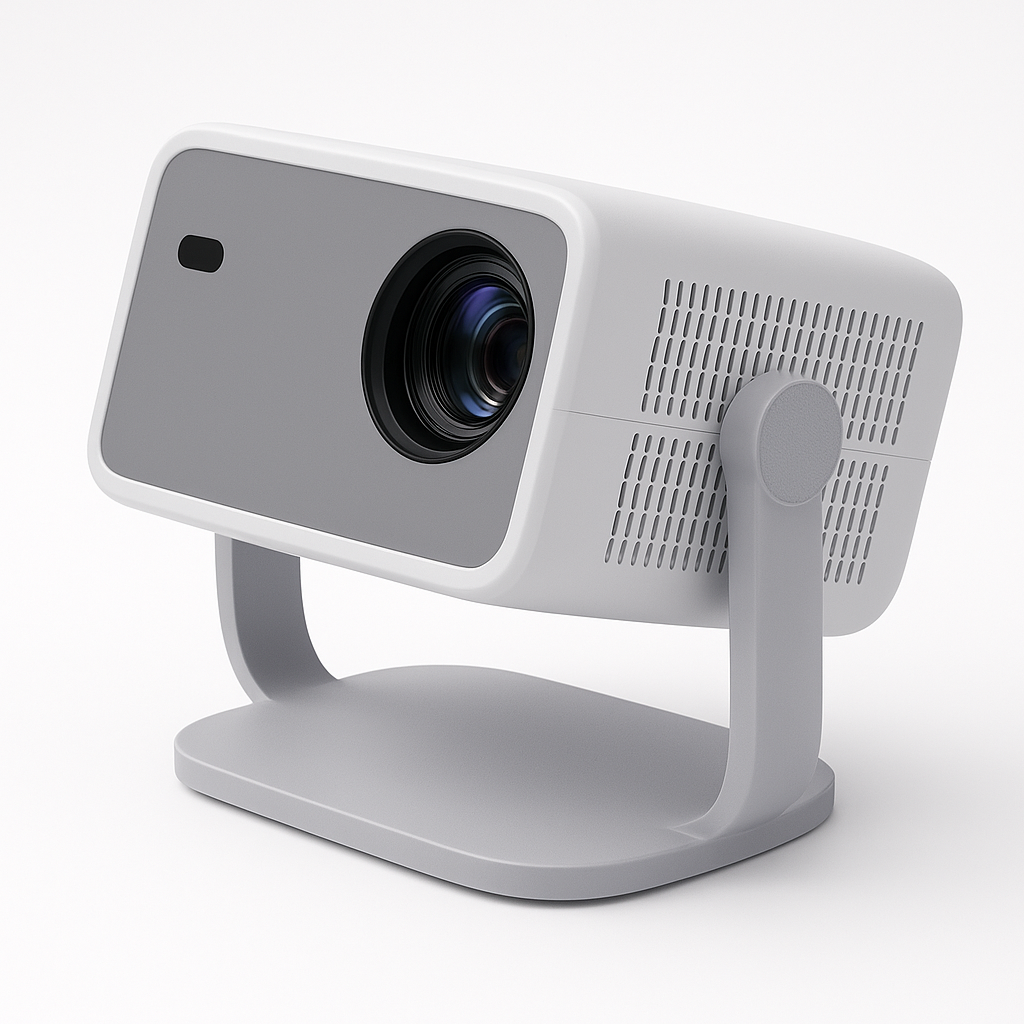 The Cloud Projector Full HD With ChatGPT & Official Netflix by The Projection Room is a sleek white and gray projector with a large lens and angled stand, featuring ventilation, shown on a plain white background.