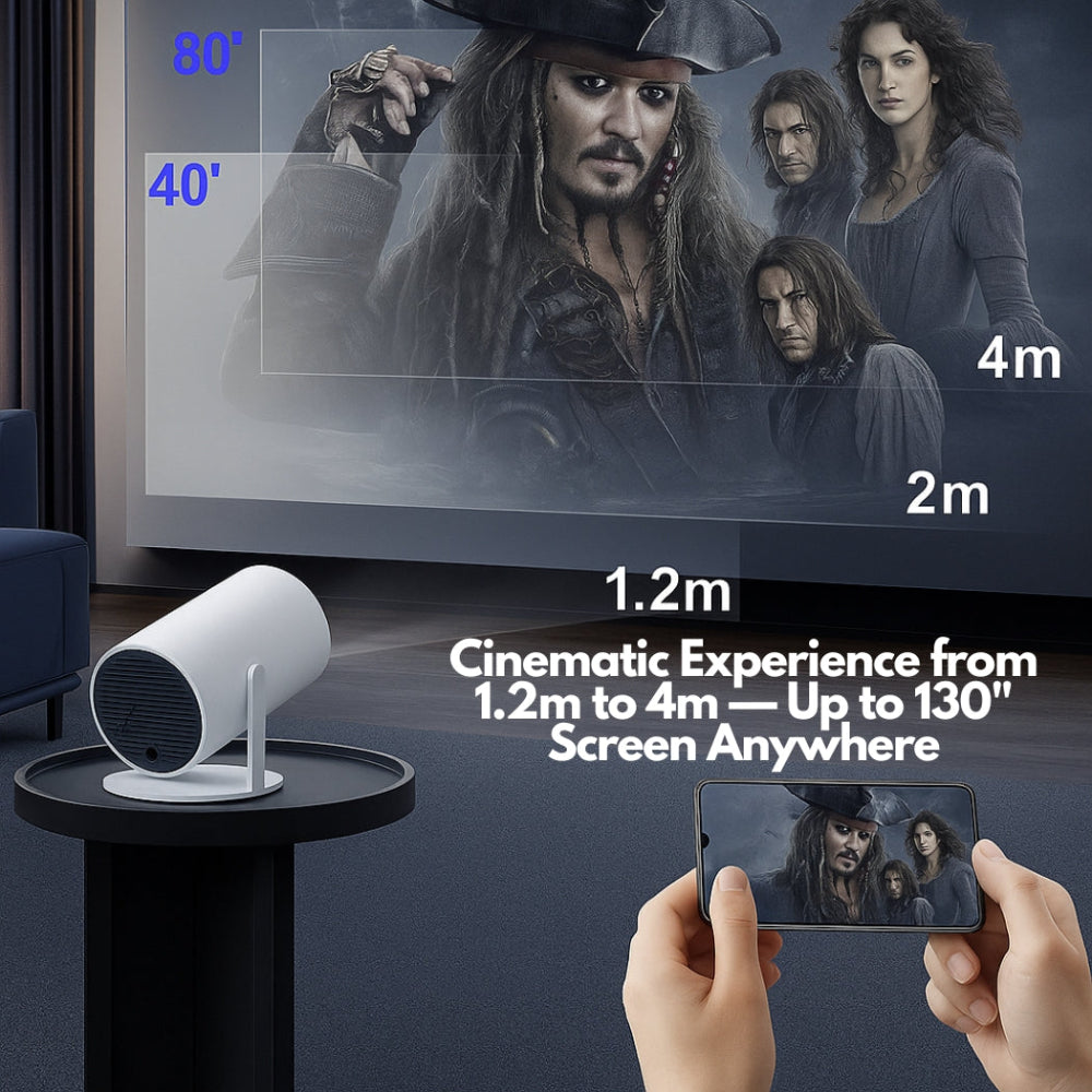A person uses The Spotlight Projector by The Projection Room to display a movie from their smartphone onto a wall, with vivid projection sizes from 1.2m to 4m (up to 130 inches) and immersive sound for perfect portable entertainment.
