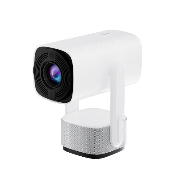 The Spotlight Projector GO by The Projection Room is a sleek, white modern projector with a cylindrical lens that emits a blue and purple hue. Its mounted on a stand with an adjustable arm and side buttons, ideal for entertainment enthusiasts seeking portability and ease of use.