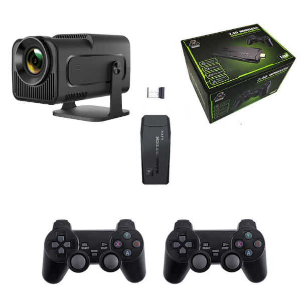 The Projection Rooms Spotlight Projector Pro + Game Stick Bundle includes an HD projector, two black wireless controllers, a signal receiver, a USB drive, and comes in a stylish green and black branded box.