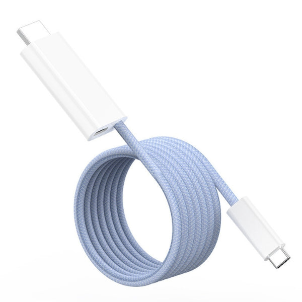 The Projection Room’s Type C to HDMI Cable features a coiled light blue braided design and white connectors at each end, shown against a white background.