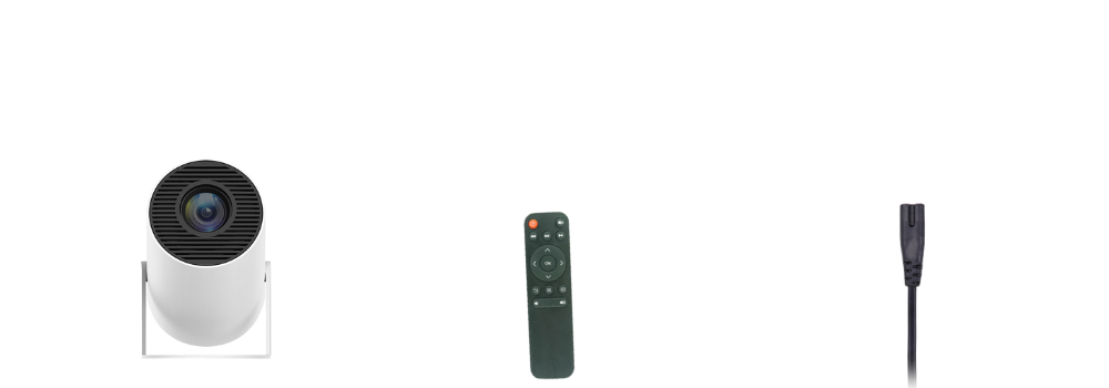 A white projector, a black remote control, and a black power cord are spaced apart on a plain white background.