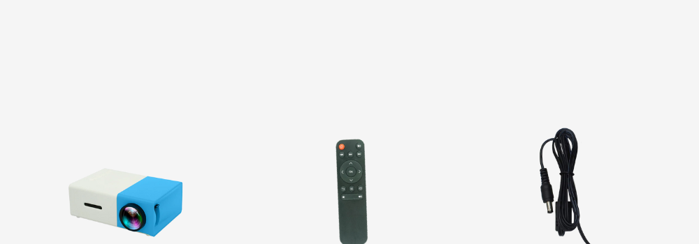 A small blue and white projector, a black remote control, and a black power cord are arranged side by side on a white background.